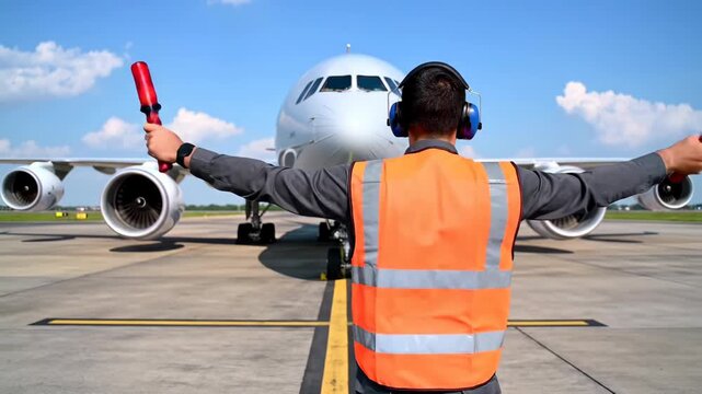 Airport Worker Directing Aircraft with Signal Wands and Orange Safety Vest, Professional Aircraft Ground Handler Guiding Plane with Red Baton Signals