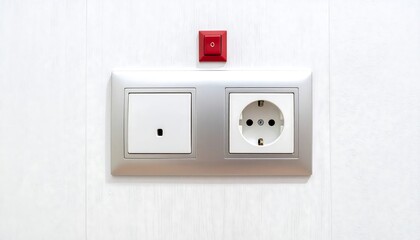 Modern Wall Fixtures: European Outlet, Light Switch, and Emergency Button on White Panel