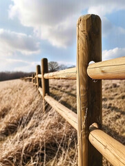 Tan Wooden Fence in Dry Grass Field Under a Sunny Sky