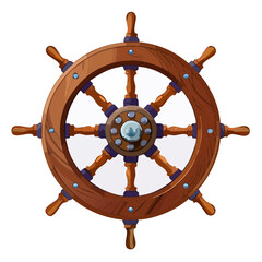 Cartoon Ship Wheel with Wooden Details, Round Center and Multiple Handles on a Black Background