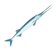 Isolated blue needlefish illustration on black background saltwater fish clip art for marine life education or seafood design