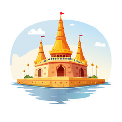 Golden temple on water vector illustration pagoda architecture religious monument travel destination Southeast Asia landscape