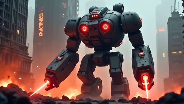 Giant Mecha Robot Battling in Futuristic Destroyed City