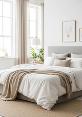 Bright cozy bedroom with soft tones and large windows
