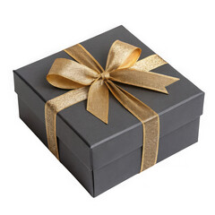 Elegant dark gray gift box with golden ribbon bow isolated on transparent background