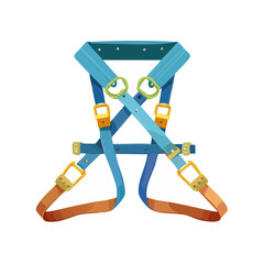 Blue safety harness illustration. Straps, buckles, and security equipment in a vector cartoon style.