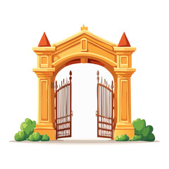 Open ornate gate with wrought iron detail and stone archway in cartoon style leading to bright space