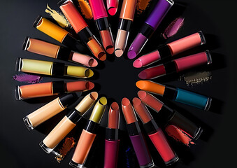  Colorful Nail Polish Bottles in Circular Rainbow Arrangement on Black Background