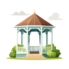 Elegant Outdoor Gazebo Structure with Brown Roof and Greenery Illustration Serene Landscape Art for Design Project