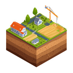 Isometric view of new construction site with houses trees roads and crane on cross-section of land in black background