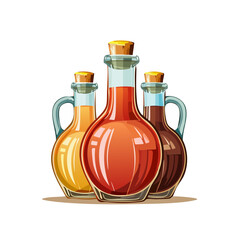 Bottles of flavored oil or vinegar with cork stoppers in various colors on a plain black background