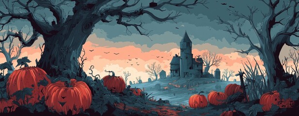 Spooky Halloween Night Landscape, Haunted House and Pumpkin Field Vector Art with Glowing Lights