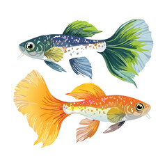 Naklejka premium Two colorful guppy fishes swimming in dark space vector illustration art
