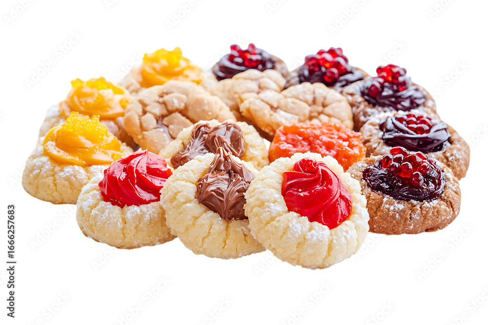 Poster pile of thumbprint cookies with various toppings isolated on white background transparent png