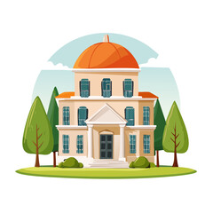 Elegant two story mansion with orange dome roof and green lawn in cartoon style home architecture real estate residential building