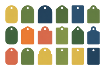 Collection of colorful blank gift tags isolated on transparent background