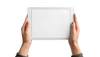 Hand holding a blank tablet with a white screen, isolated on a transparent background