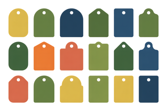 Collection of colorful blank gift tags isolated on transparent background