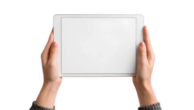 Hand holding a blank tablet with a white screen, isolated on a transparent background