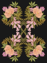 Botanical composition of helleborus poppy flowers, orientalis, fritillaria imperialis on black background on black background. Botanical watercolor illustration hand drawn