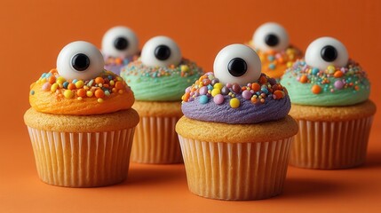 halloween festival. Playful monster cupcakes with colorful frosting and candy eyes.