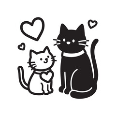  A black and white vector illustration of a cat and a kitten with hearts in the background. 