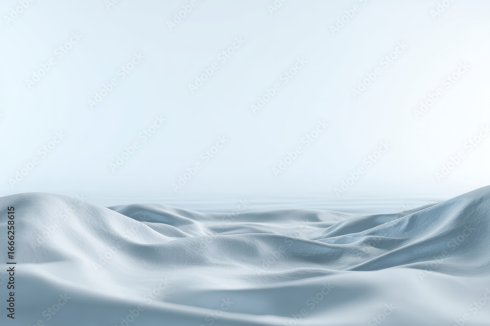 Poster soft gradient landscape with minimalistic white dunes and gentle flowing shapes, evoking calm and tr