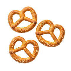 Fototapeta premium Three golden brown baked pretzels with a classic knot shape isolated on transparent background