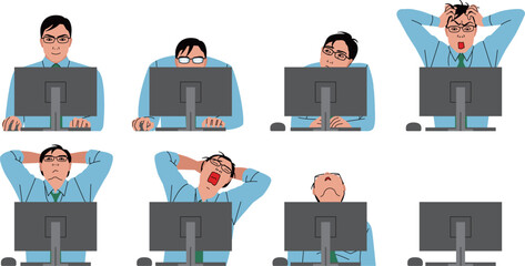 コンピューターで仕事するビジネスマン。デスクトップパソコンと男性の上半身のイラスト