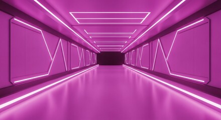 Futuristic illuminated hallway with vibrant pink neon lights and modern design