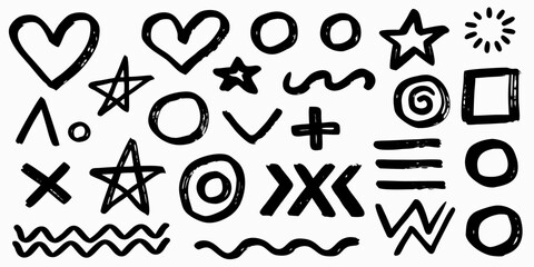 Hand Drawn Doodle Elements Hearts Stars Circles and Geometric Shapes