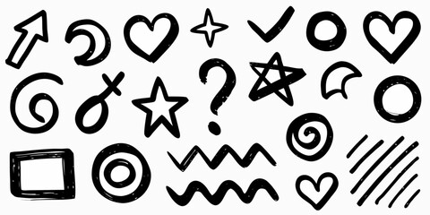 Hand Drawn Doodle Icon Set with Arrow Heart Star and Geometric Shapes