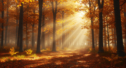 Obraz premium Serene autumn forest with golden sunlight streaming through trees 
