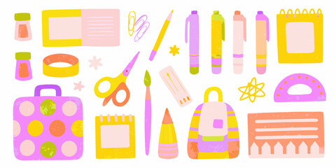 Collection of Cute School Supplies and Stationery in Pastel Colors Illustration