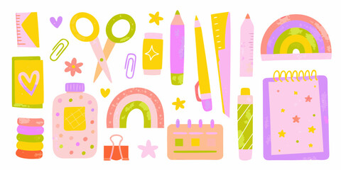 Cute and Colorful School and Office Supplies Illustration Set