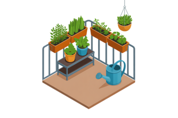 Isometric balcony garden with plants and watering can isolated on transparent background