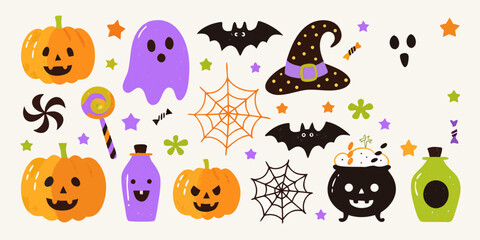 Cute Halloween Illustration with Pumpkins Ghost Bats Witch Hat and Candy