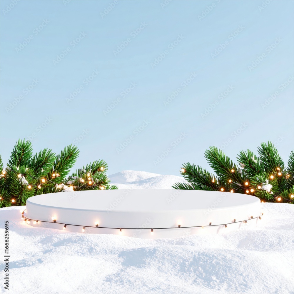 Poster christmas podium display on snowy ground with fir branches and string lights