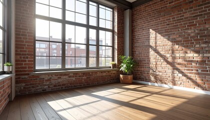 Obraz premium Sunlit industrial loft interior featuring a large window, exposed red brick wall, and polished wooden floor