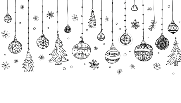 hand-drawn garland of christmas decorations, such as balls, trees, and snowflakes, isolated on a transparent background  - Powered by Adobe