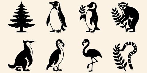 bundle of 10  sllhouettes pine tree penguin flamingo lemur solidblack fill not text unit,white background.optimizod foreasy tracing and vector conversion © RAHIM