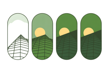 Four oval illustrations of mountains and sun isolated on transparent background