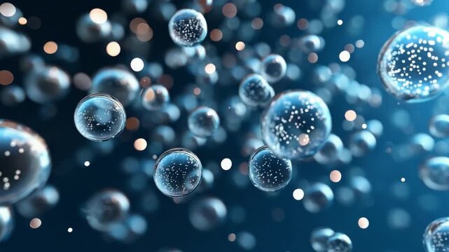 Microscopic Universe: A mesmerizing digital rendering reveals a stunning array of iridescent, spherical cells floating amidst a sea of deep blue, inviting viewers into the hidden realm of biology.