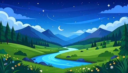 Serene Mountain Valley at Night, Crescent Moon, Lush Landscape.