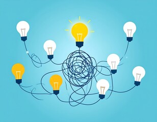 Lightbulb ideas connected by tangled lines