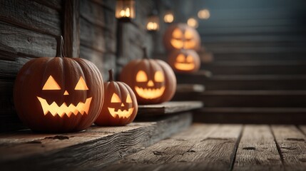 Fototapeta premium halloween festival. Spooky carved pumpkins glowing on a rustic wooden staircase.