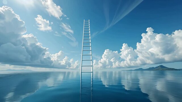 White ladder extending into the sky above calm ocean with soft clouds in the background. Concept of dream and ascension