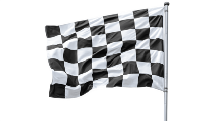 The black and white checkered finish flag flutters in the wind
