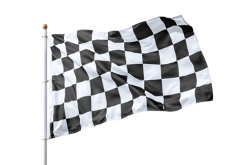 The black and white checkered finish flag flutters in the wind
