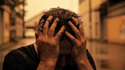 Distressed man covering his face with his hands outdoors